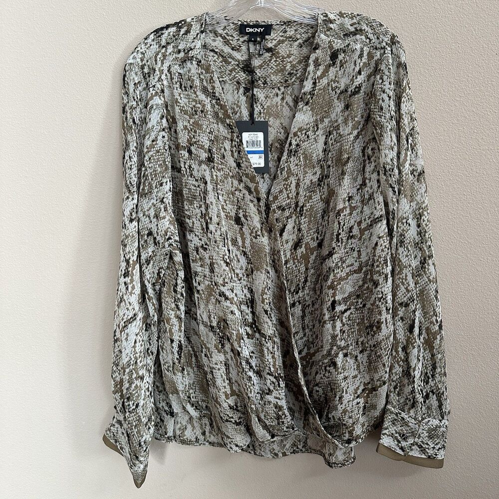 DKNY Top Women's XL Brown Snake Print Faux-Wrap Long Sleeve Semi Sheer Career - Picture 9 of 11